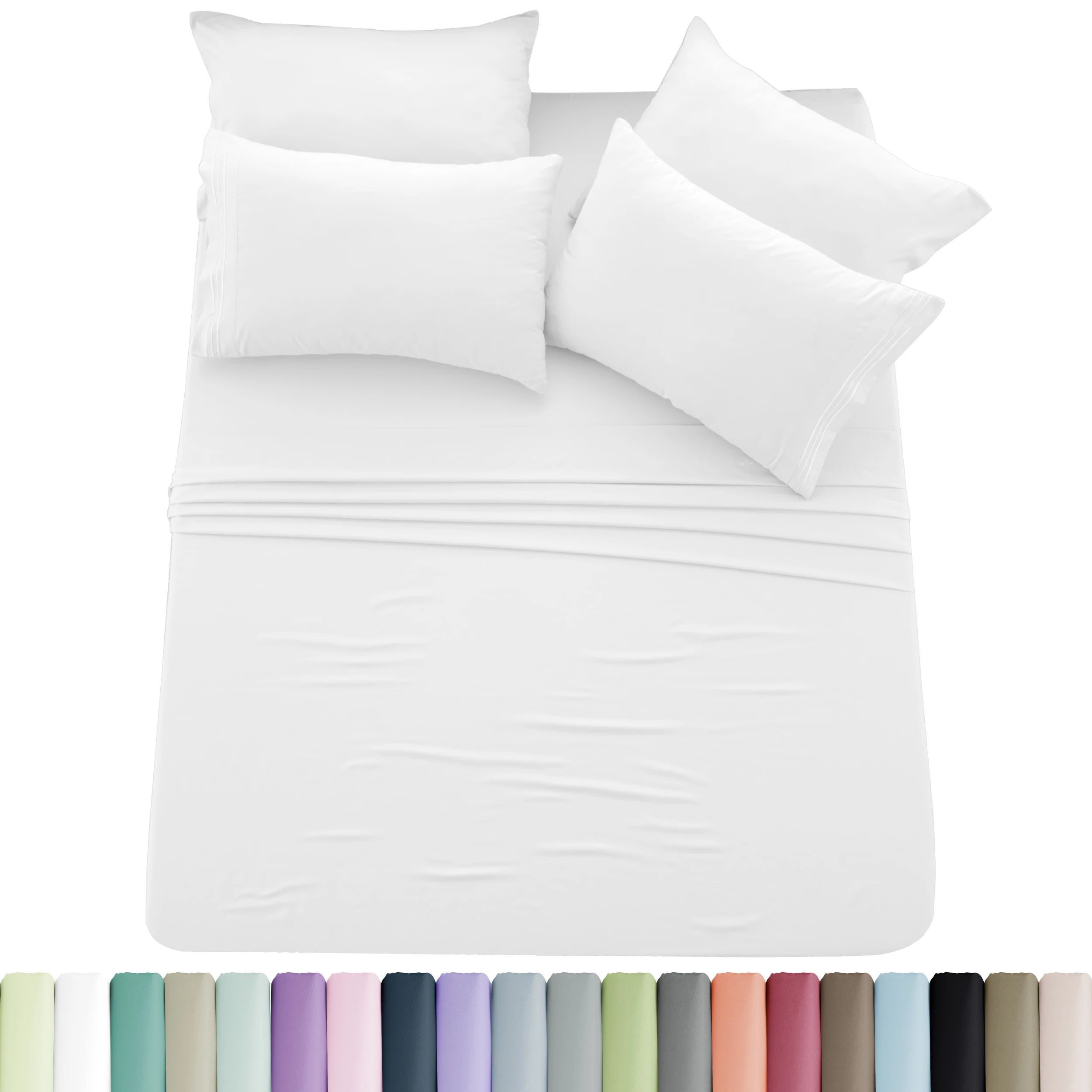 Lux Décor 6pc Solid Sheet Set - Brushed Microfiber Bed Sheets 16 Inches Deep Pockets - Embroidered & Plain Pillowcases