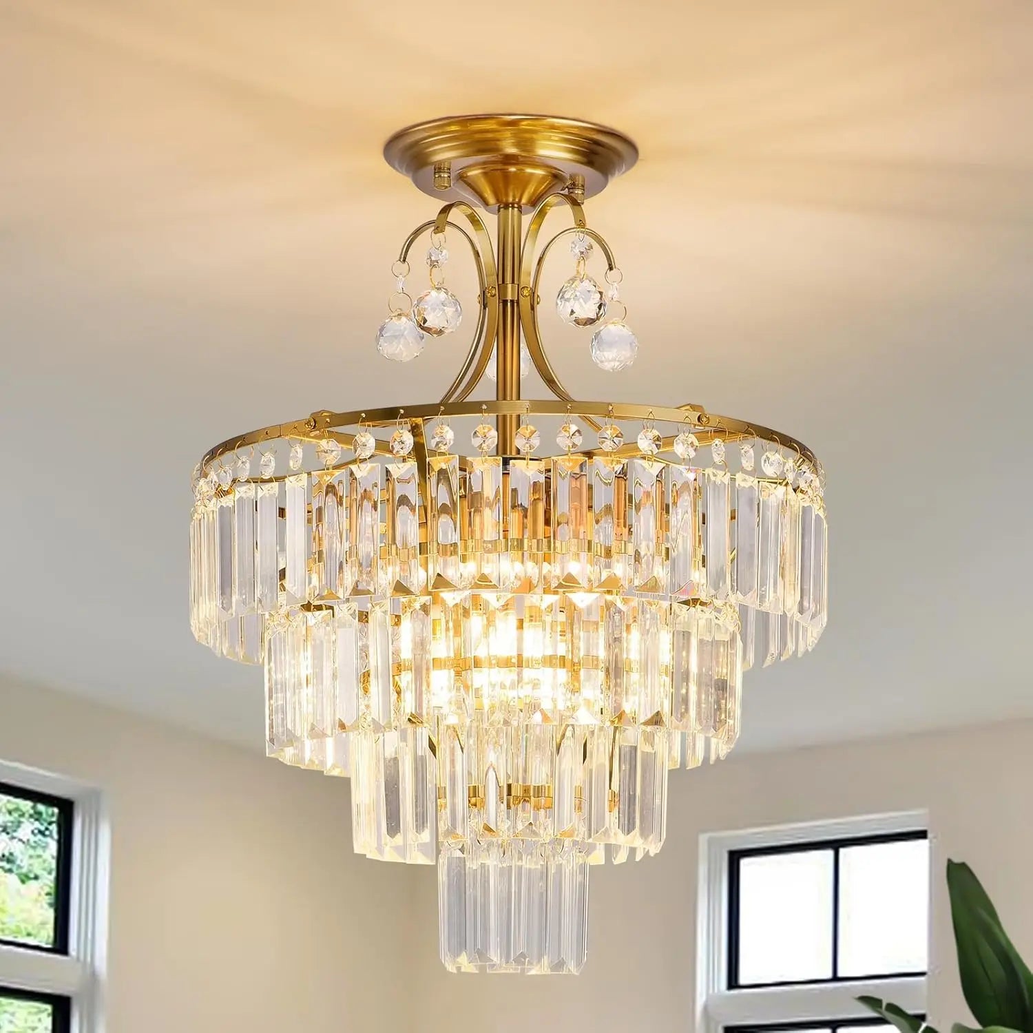 Luxury Gold Crystal Ceiling Light, Round Dimmable Semi-Flush Mount Modern