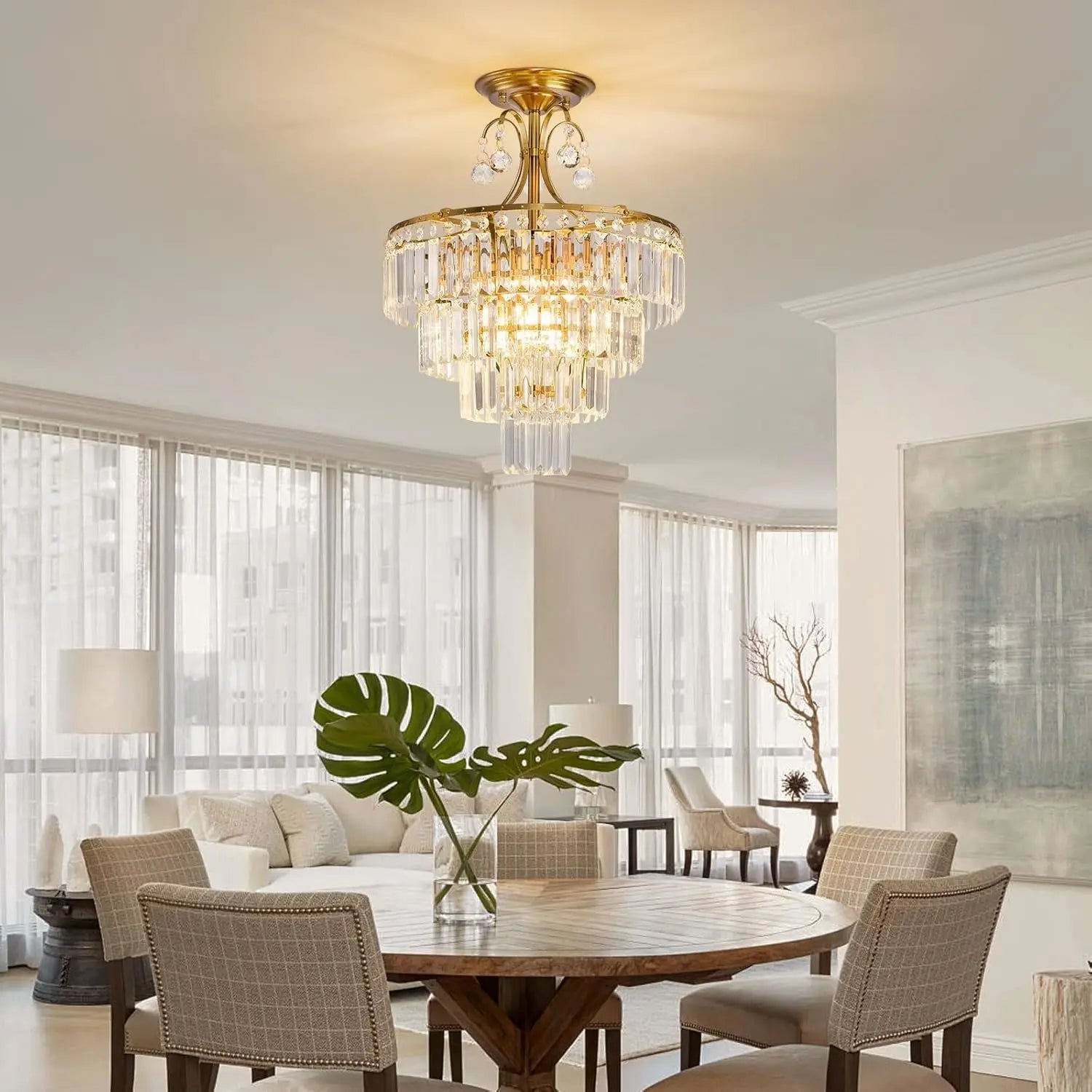 Luxury Gold Crystal Ceiling Light, Round Dimmable Semi-Flush Mount Modern