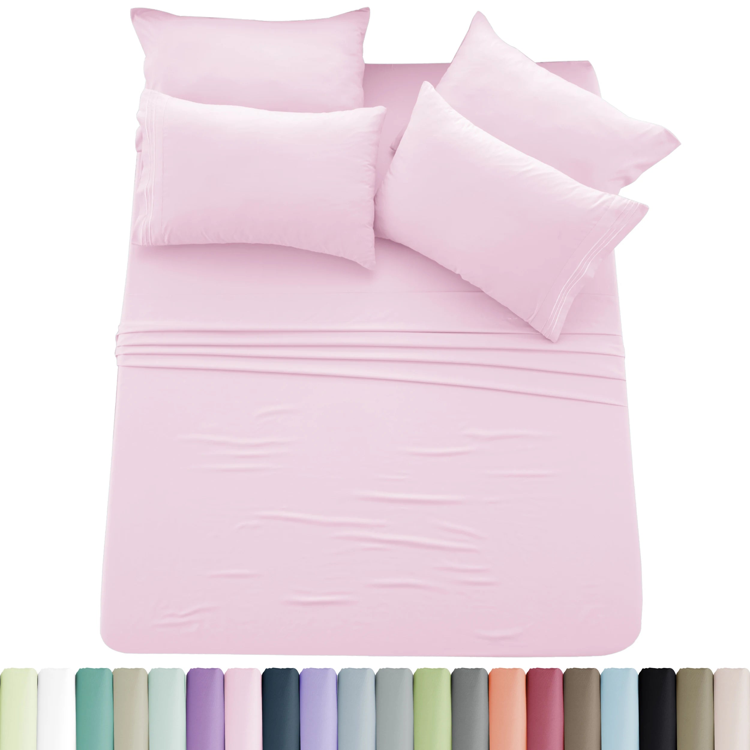 Lux Décor 6pc Solid Sheet Set - Brushed Microfiber Bed Sheets 16 Inches Deep Pockets - Embroidered & Plain Pillowcases