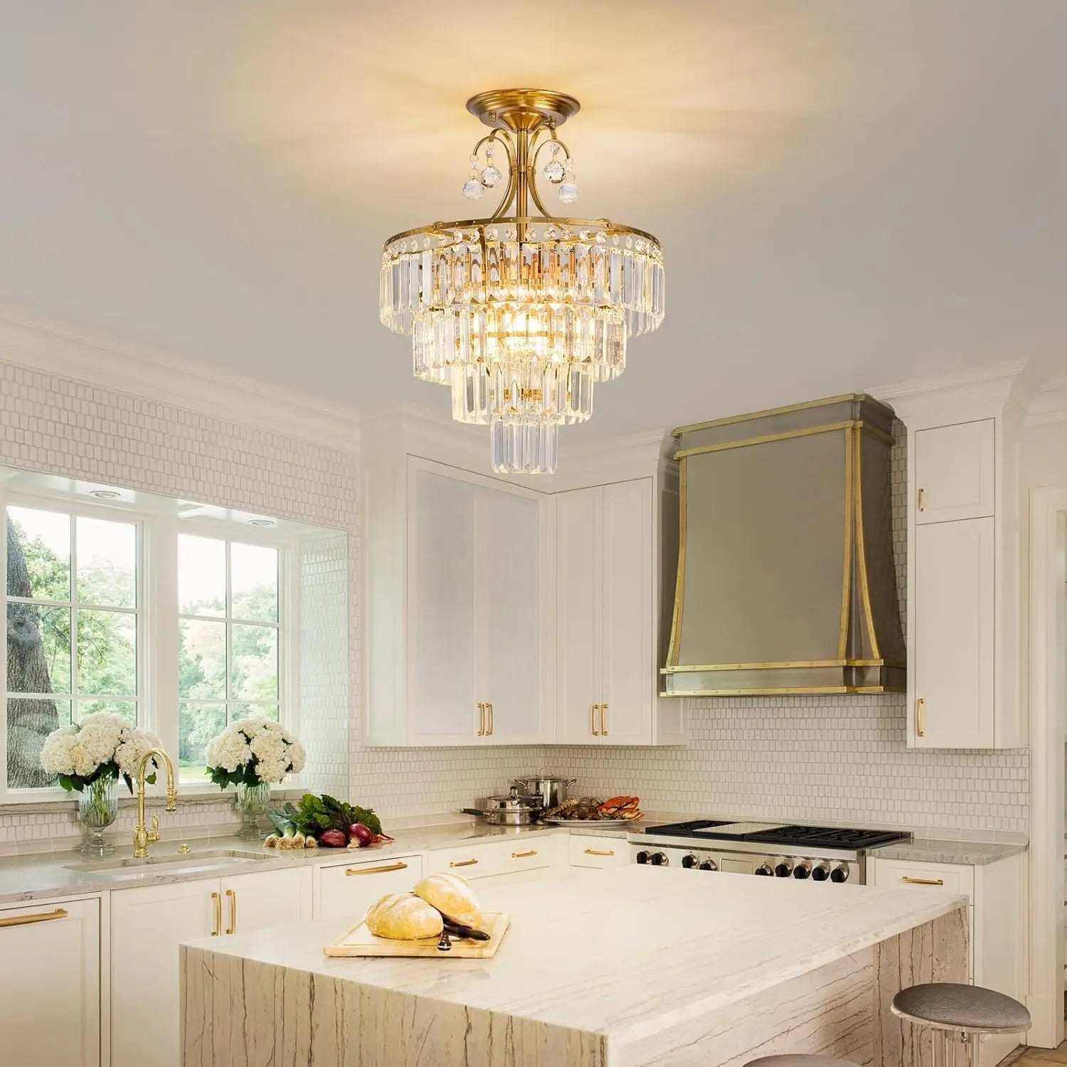 Luxury Gold Crystal Ceiling Light, Round Dimmable Semi-Flush Mount Modern
