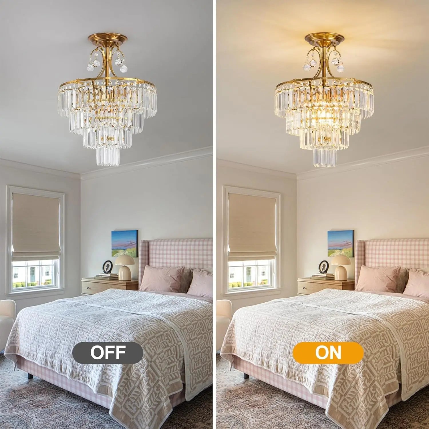 Luxury Gold Crystal Ceiling Light, Round Dimmable Semi-Flush Mount Modern
