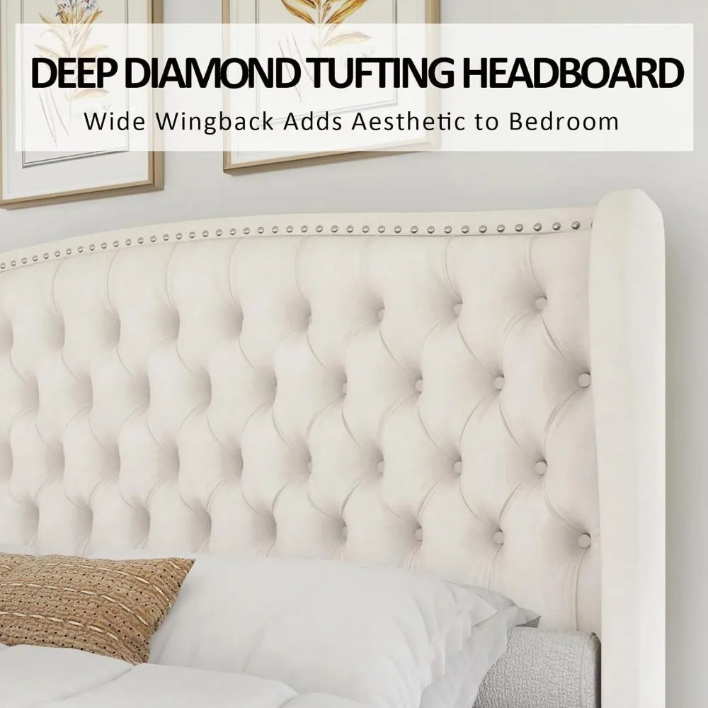 King Size Platform Bed Frame Velvet Upholstered Deep Button Tufted Box