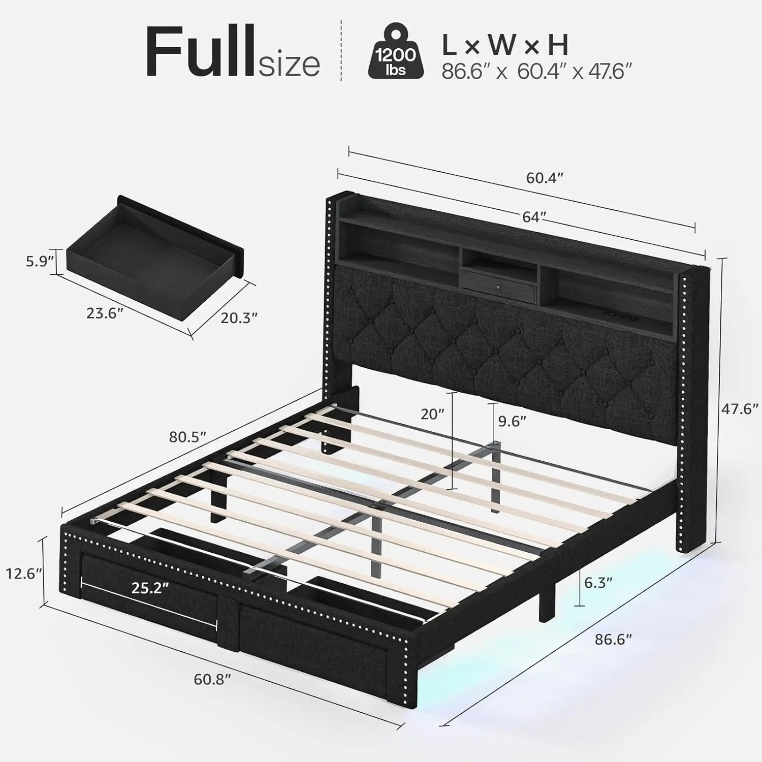 Linen Full Size Bed Frame with 2-Tier Storage Headboard and Charging Station, Upholstered Platform Bed Frames with, Customized
