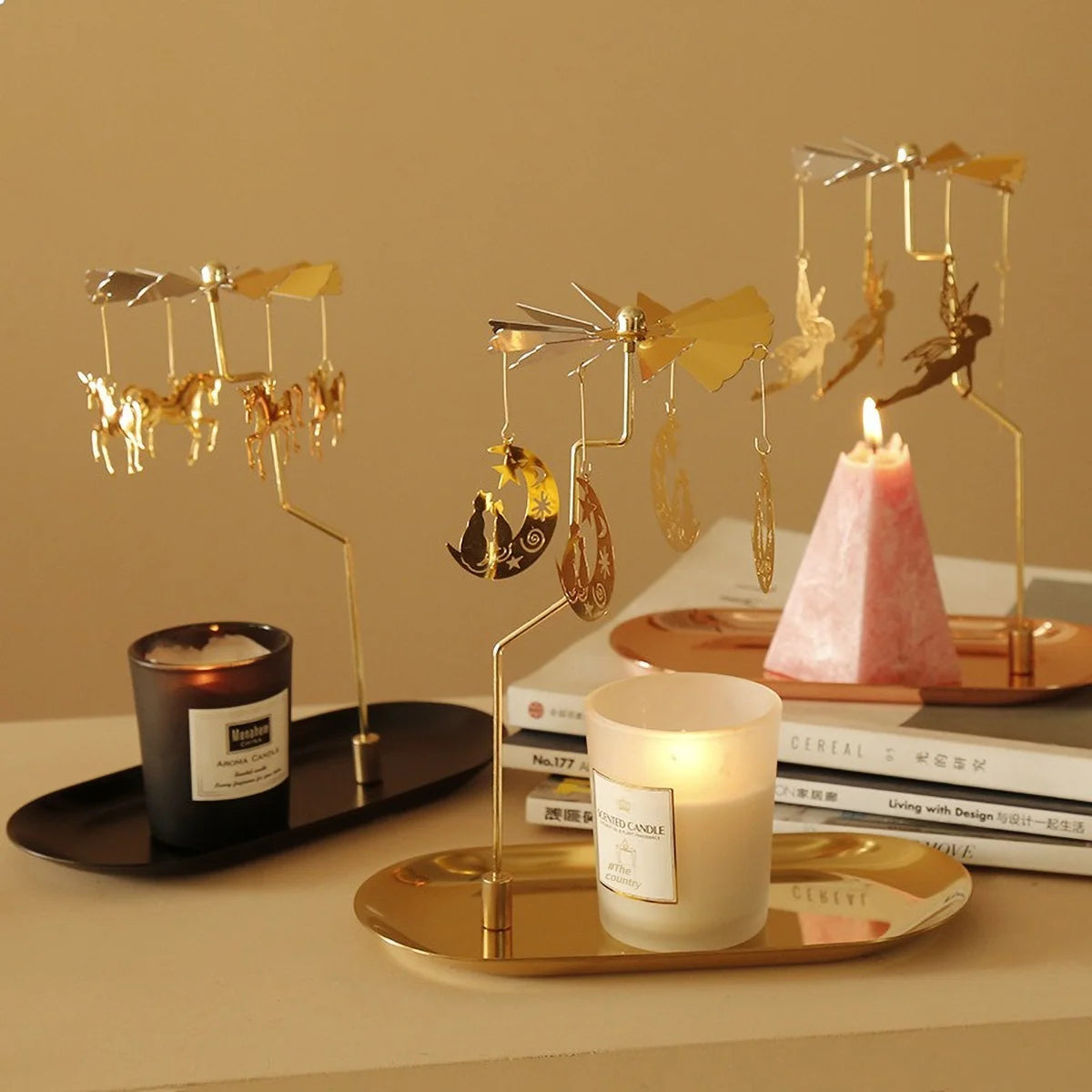 Windmill Rotating Candle Holder Lamp Gold Metal for Table Design Candlesticks