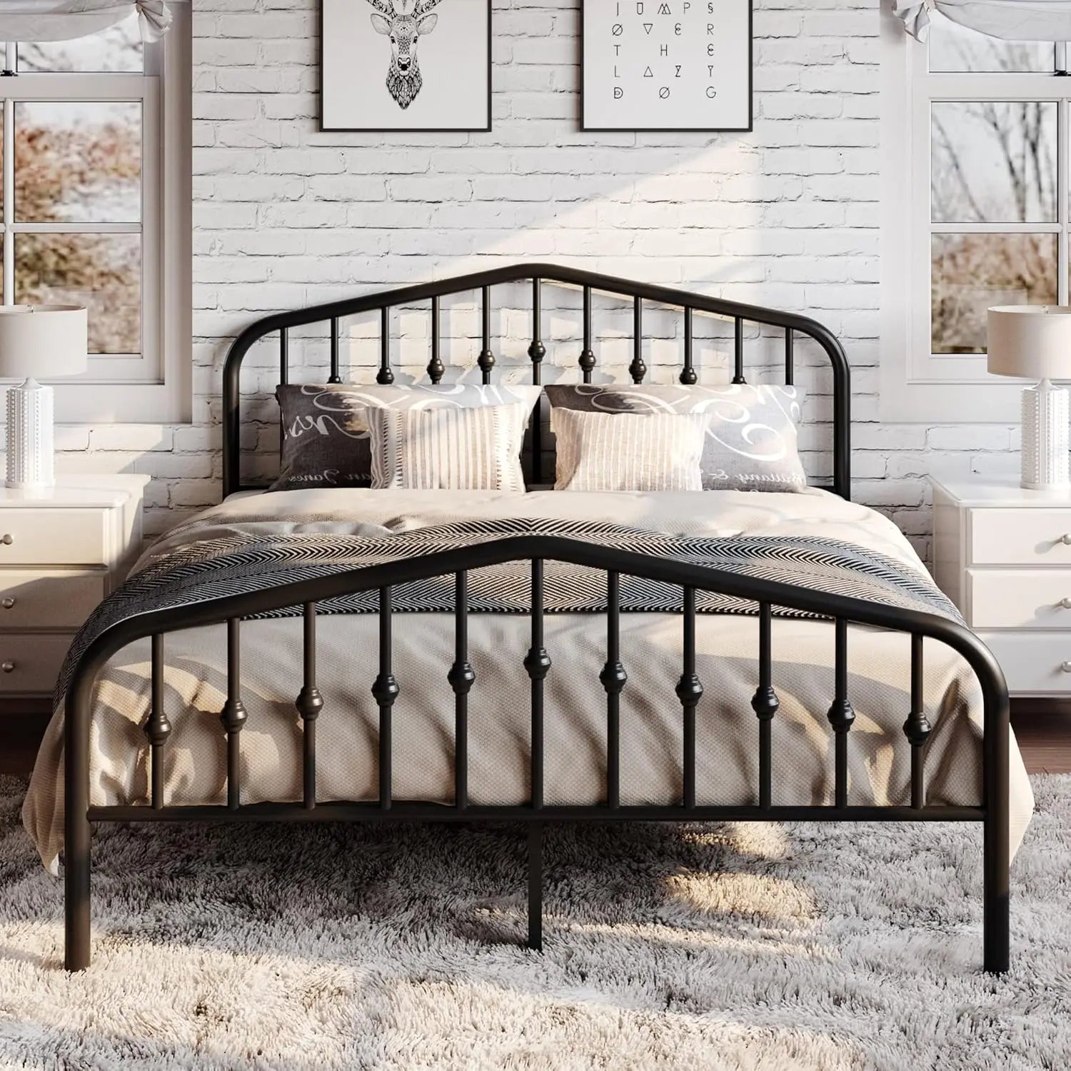 Queen Size Metal Platform Bed Frame with Victorian Iron Headboard, Black