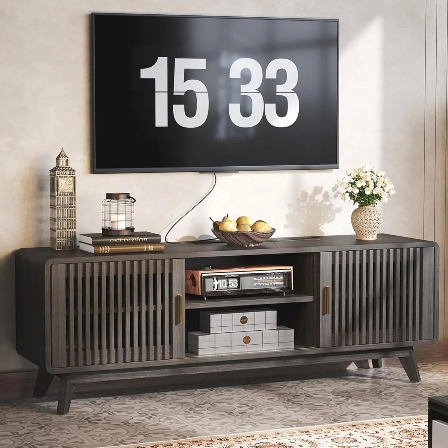 TV Console with 2 Sliding Doors in Grille Design & Charging Station, for Living