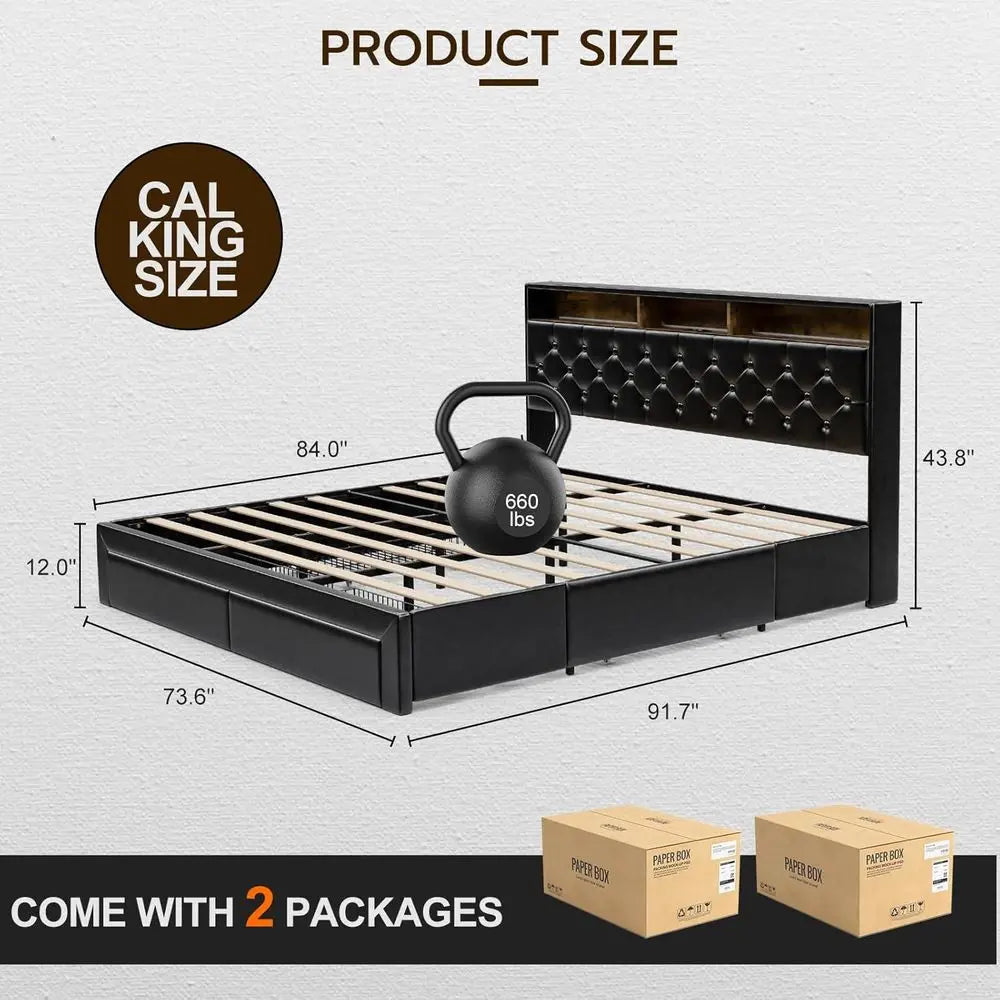 California King Bed with 4 Drawers, Hidden Storage, Upholstered Platform