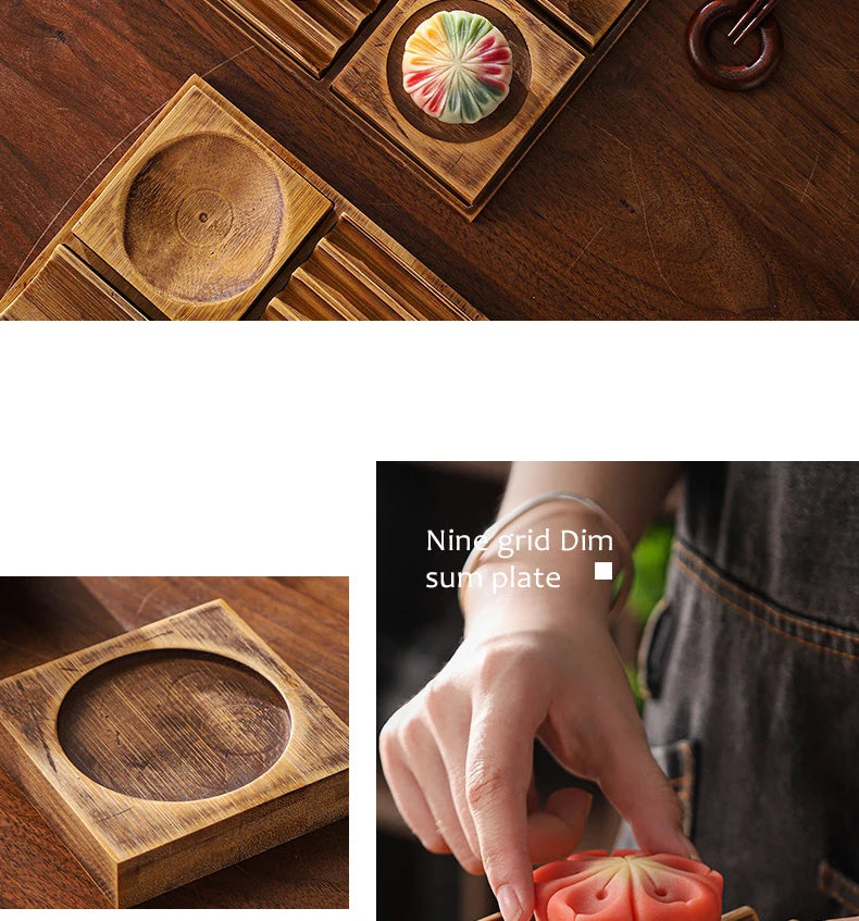 Wooden Snack Tray 9-Compartment Dessert Platter Specialty Plates Set