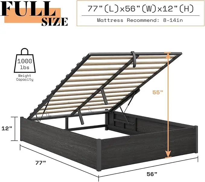 Queen Lift-Up Storage Bed — Wooden Platform with Under-Bed Storage