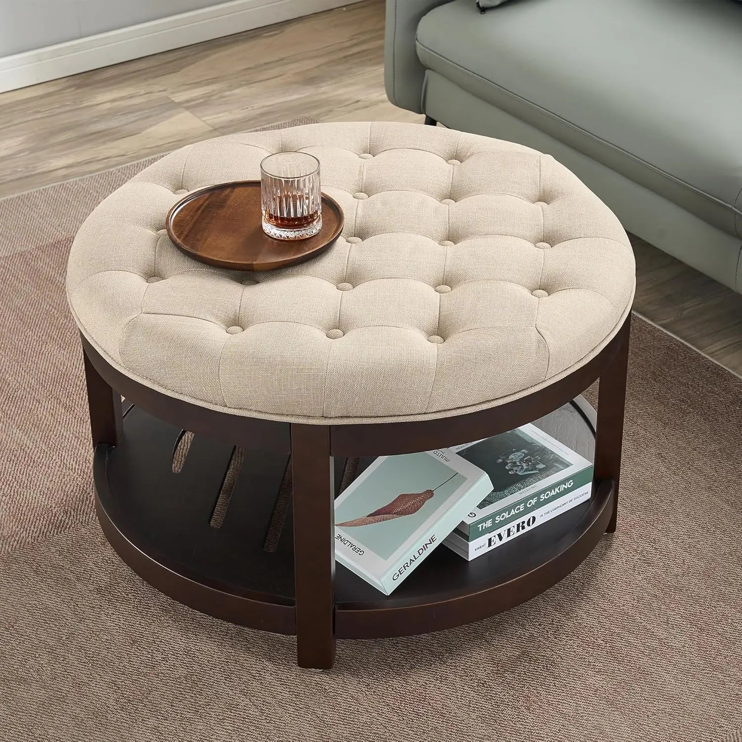 Large Round Ottoman Coffee Table with Storage, Upholstered Button Tufted