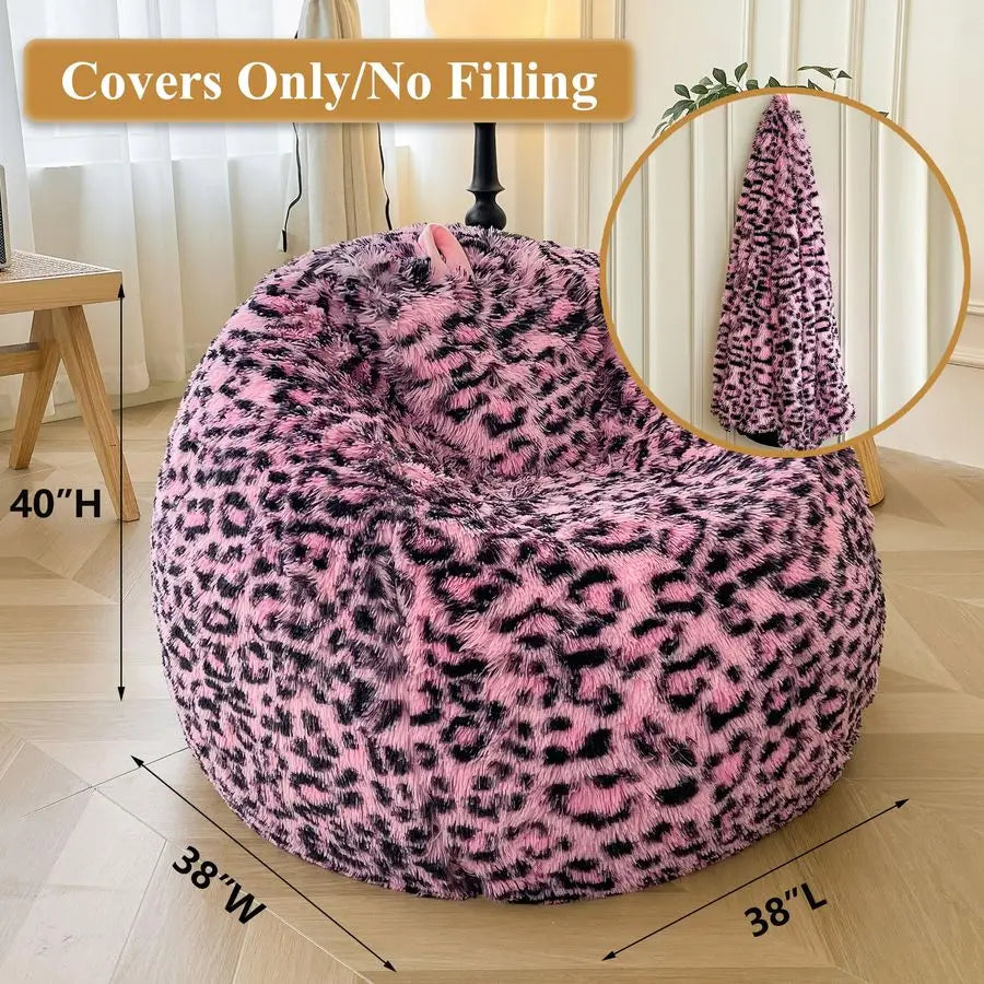 Faux Fur Leopard Print Bean Bag Chair Cover No Filler, Fluffy Pink Home Decor