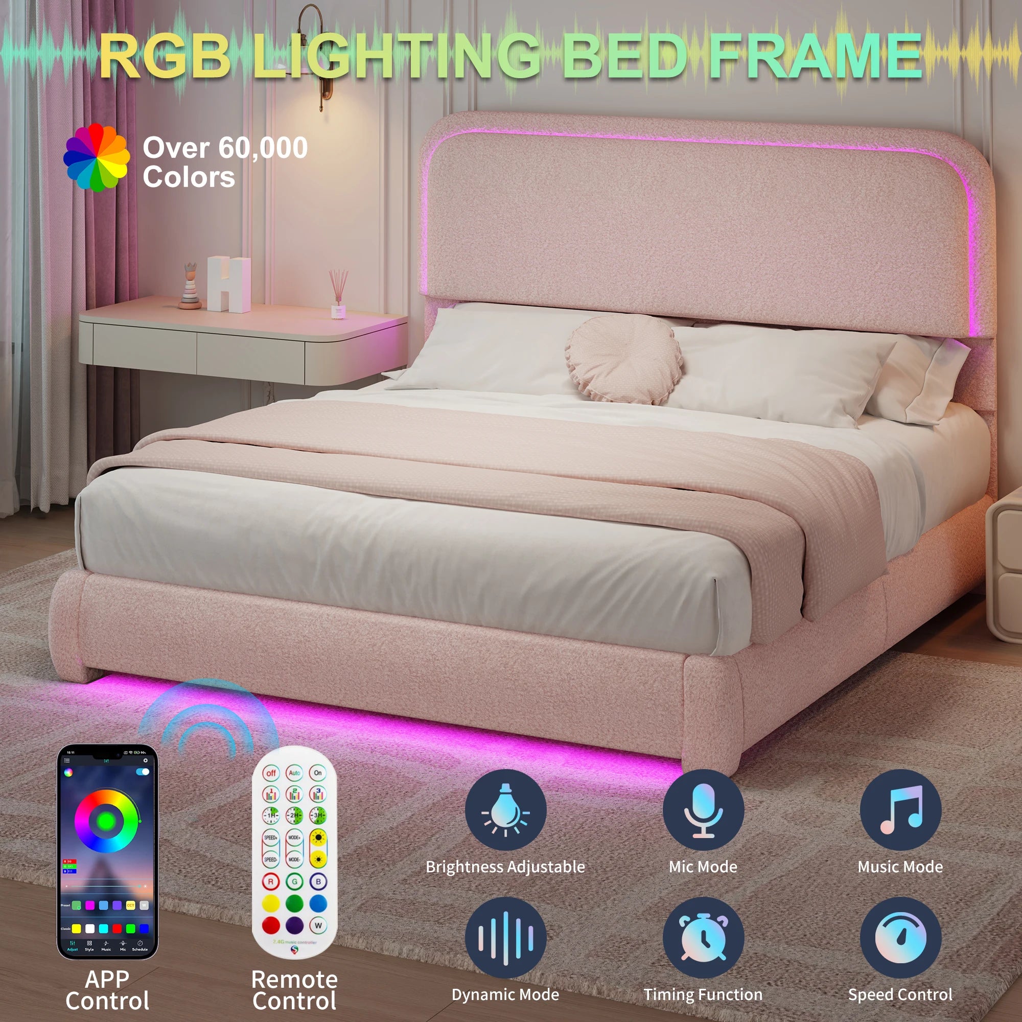 Full Size LED Bed Frame with Storage Drawers, Teddy Upholstery, Rounded