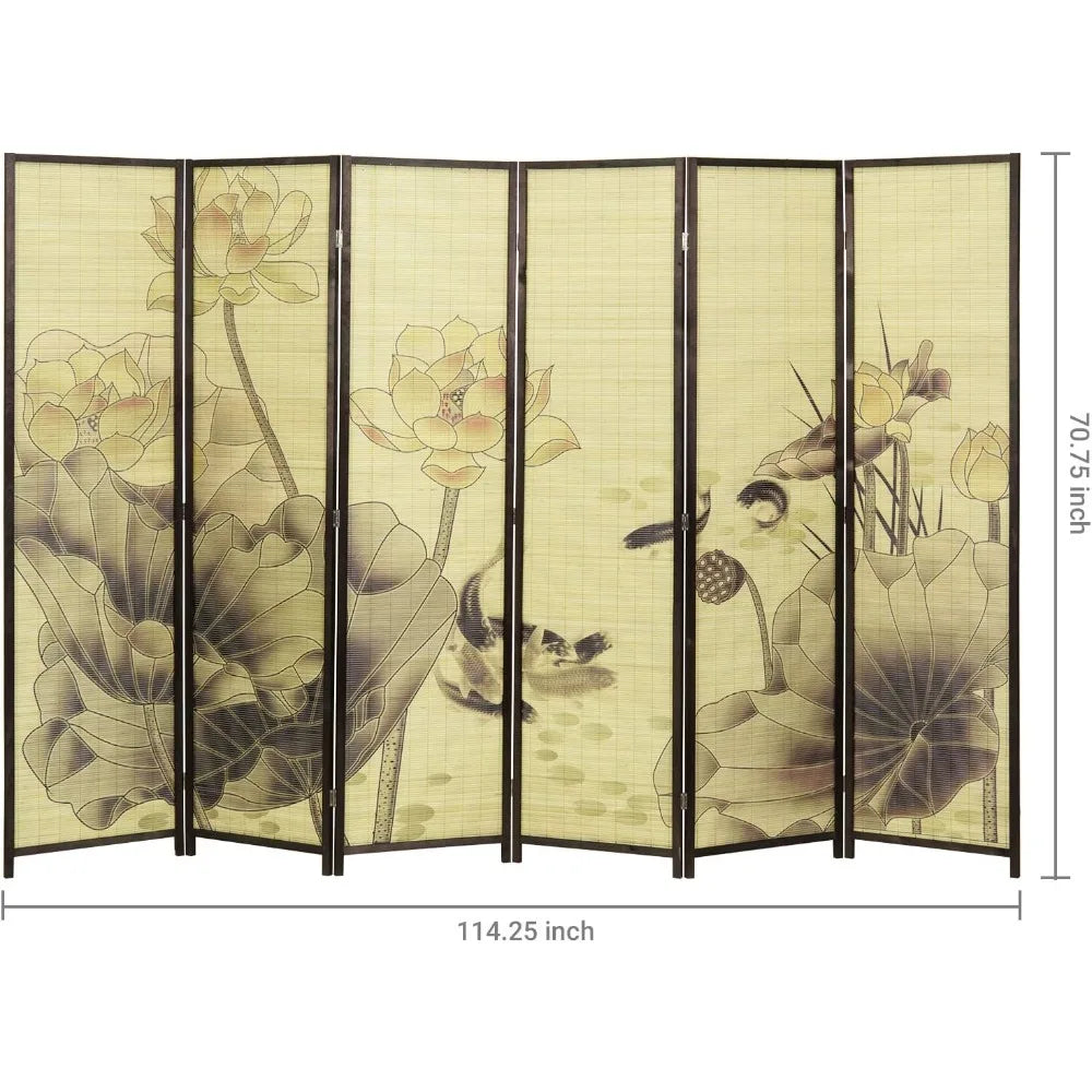 Bamboo 6-Panel Folding Screen with Chinese Calligraphy, 6FT Tall Room Divider