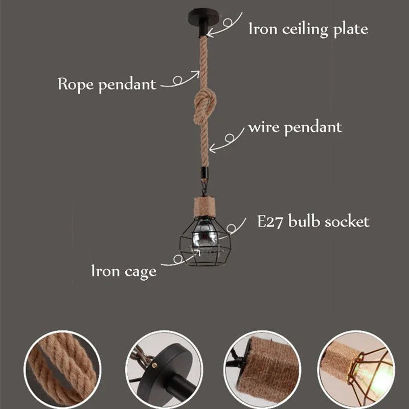 Vintage Pendant Light Hemp Rope Iron Art Industrial Style Originality Chandelier