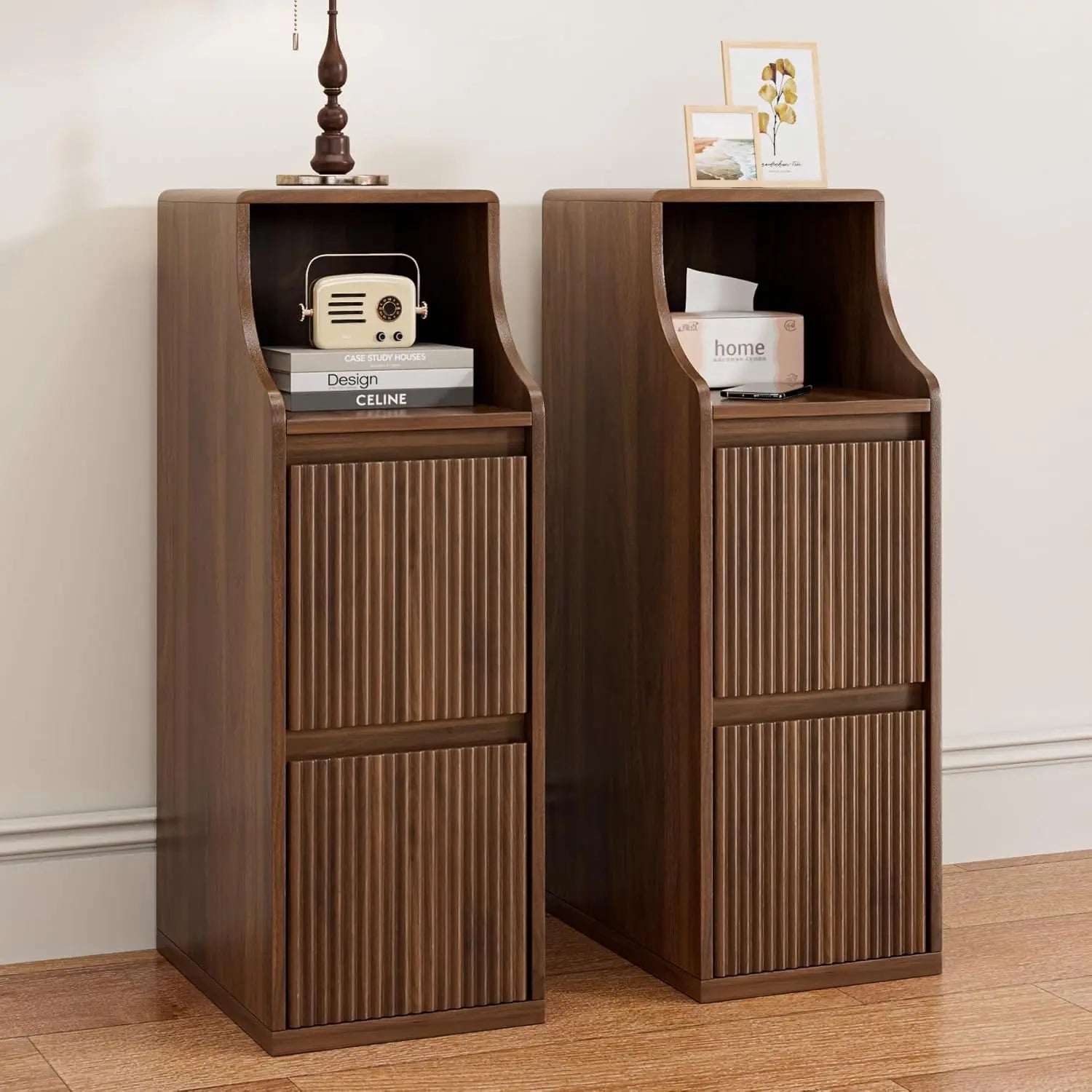 Fluted Narrow Nightstand Set Of 2, Skinny Bedside Table With 2 Drawers