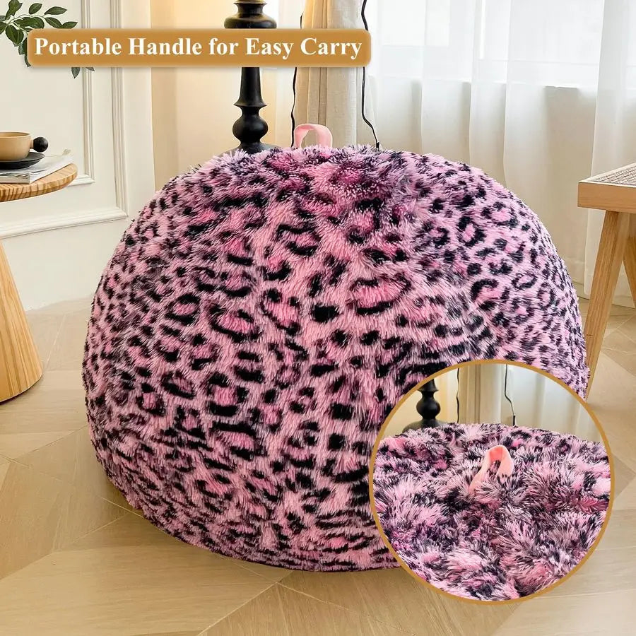 Faux Fur Leopard Print Bean Bag Chair Cover No Filler, Fluffy Pink Home Decor
