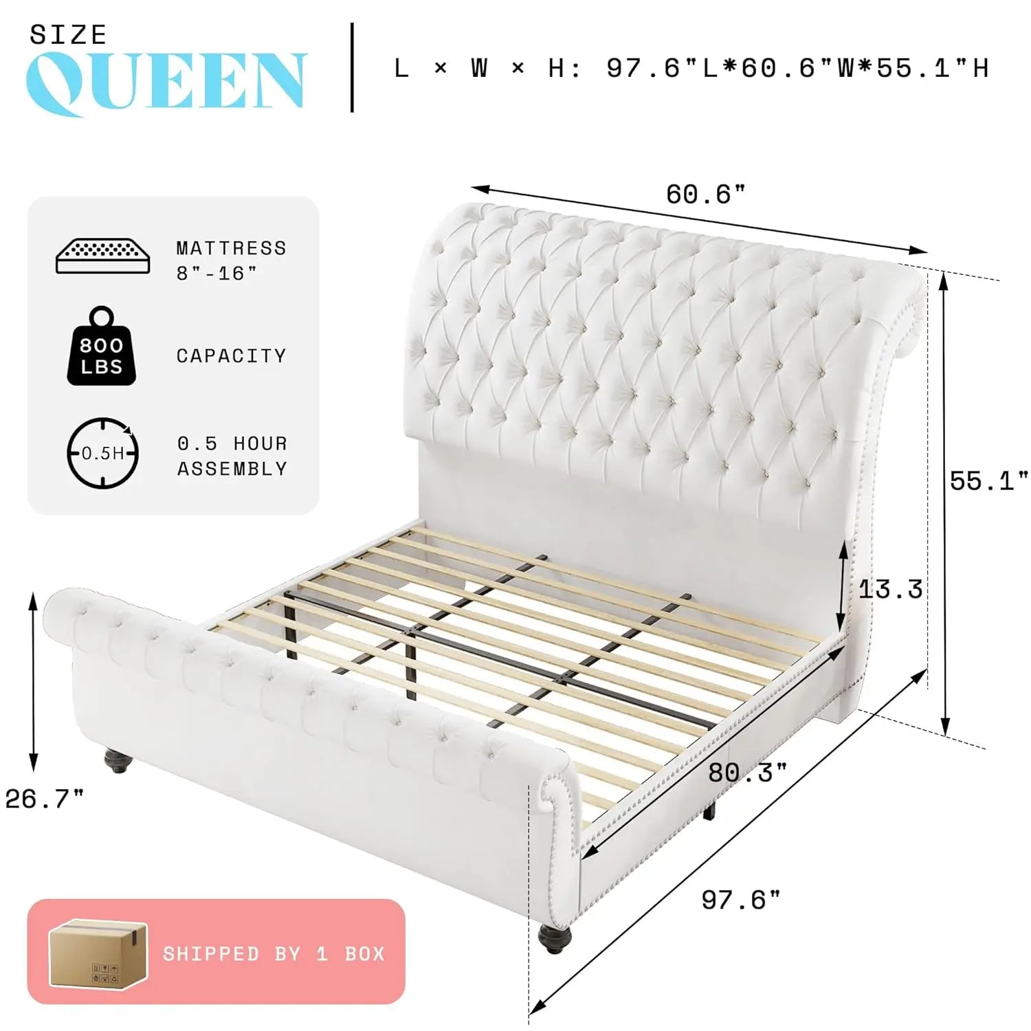 Velvet Sleigh Bed Frame — Queen, Scroll Headboard & Footboard