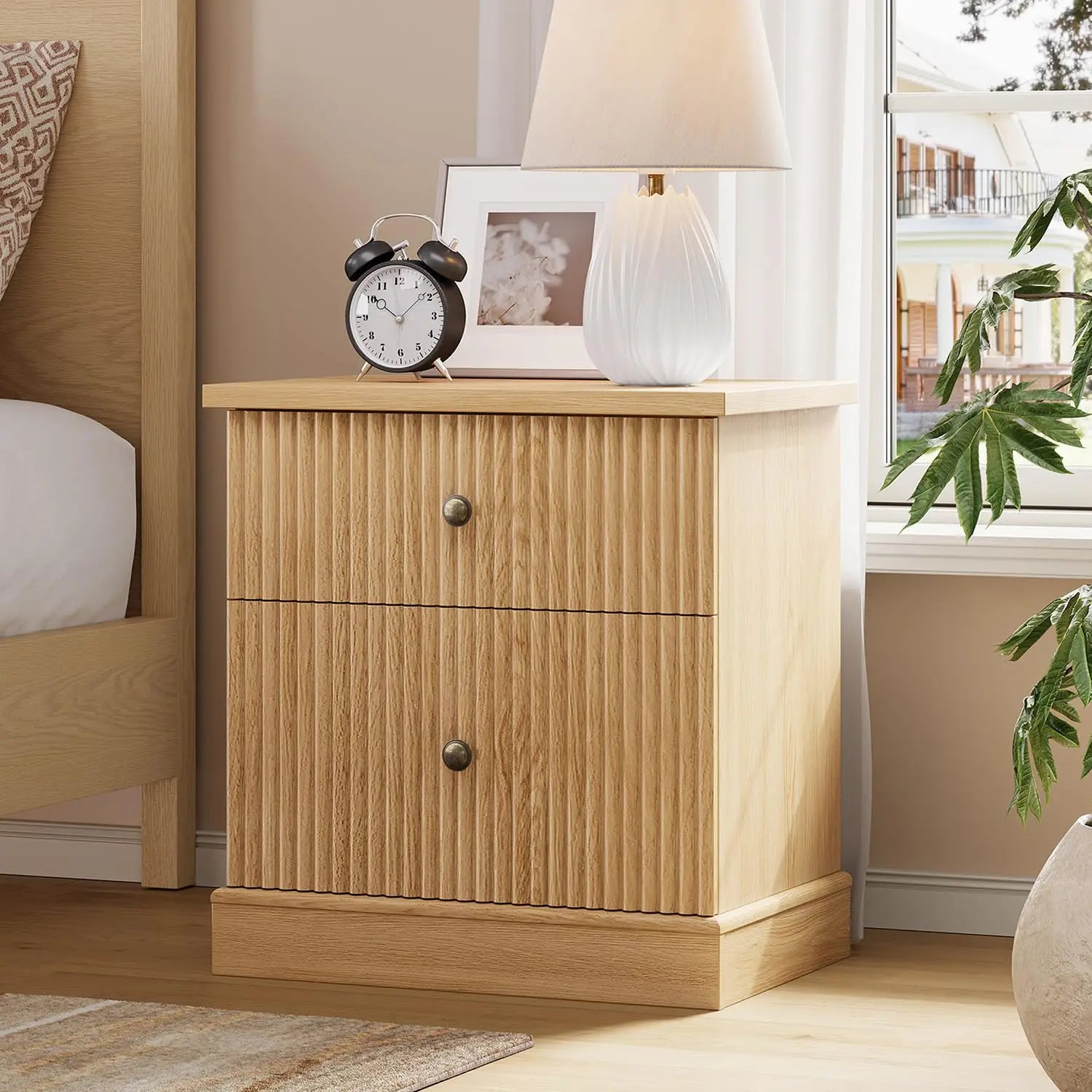 Fluted Nightstand With Drawers, Mid-Century Modern Bedside Table, Slim