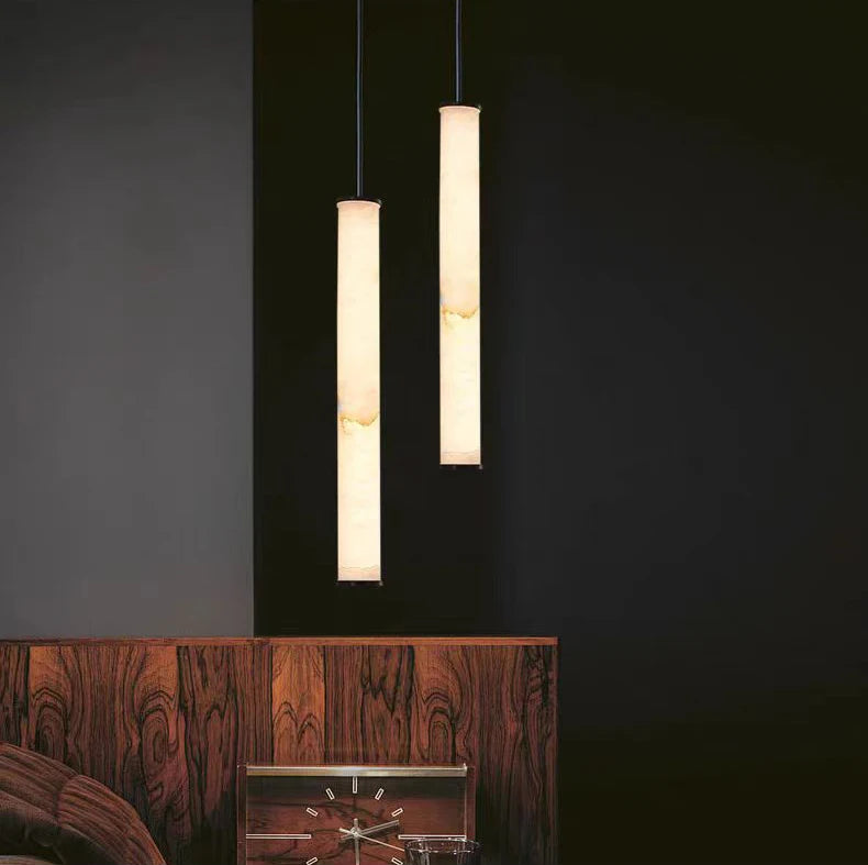 Cylindrical Natural Marble Chandelier Black Brass 3000K Indoor Bedroom Lamp