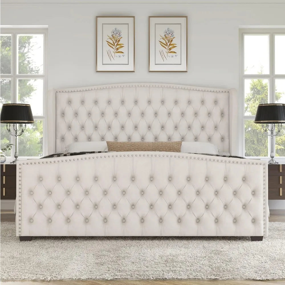 King Size Platform Bed Frame Velvet Upholstered Deep Button Tufted Box
