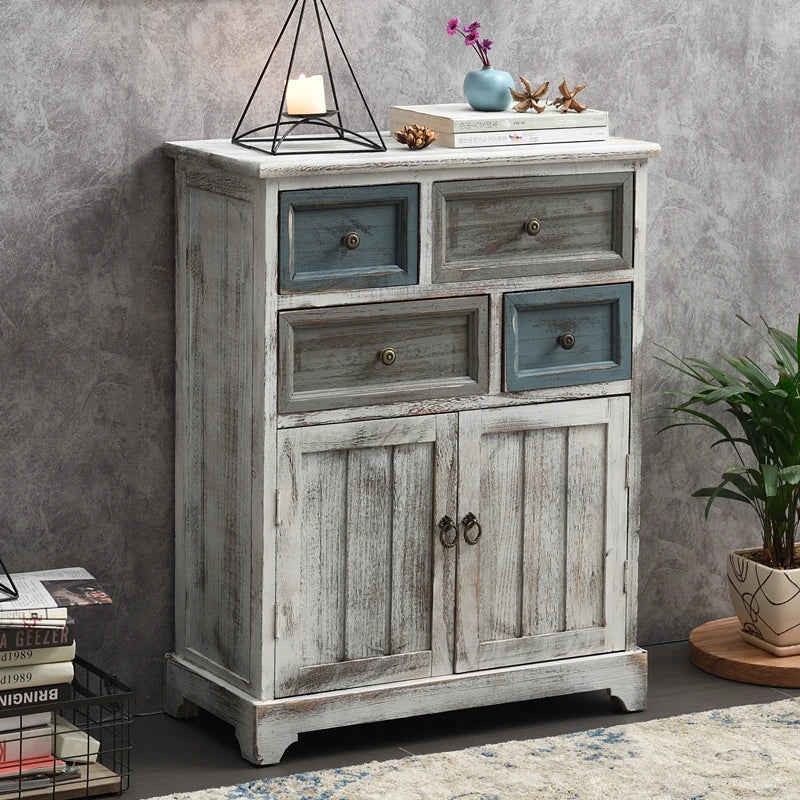 ‌Distressed Mediterranean Sideboard‌ Mortise-Tenon Solid Wood Storage