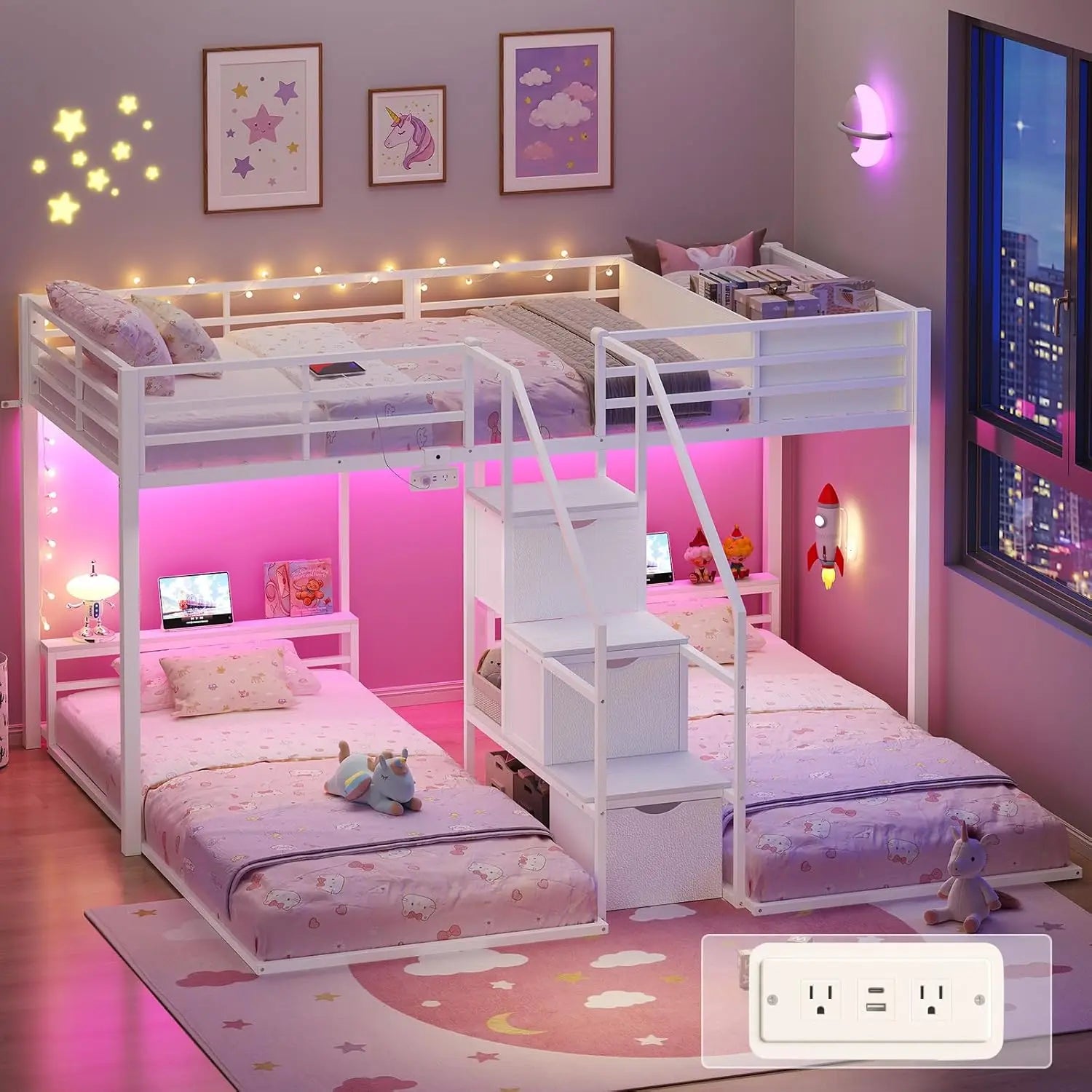 Triple Bunk Bed with Storage Staircase, RGB Lights & Charging Station, Twin Over Twin, Heavy Duty Metal 3 Bunk Beds, Customized