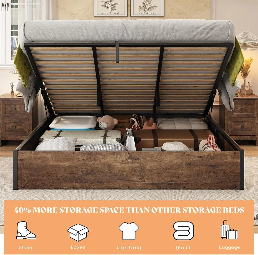 Queen Lift-Up Storage Bed — Wooden Platform with Under-Bed Storage