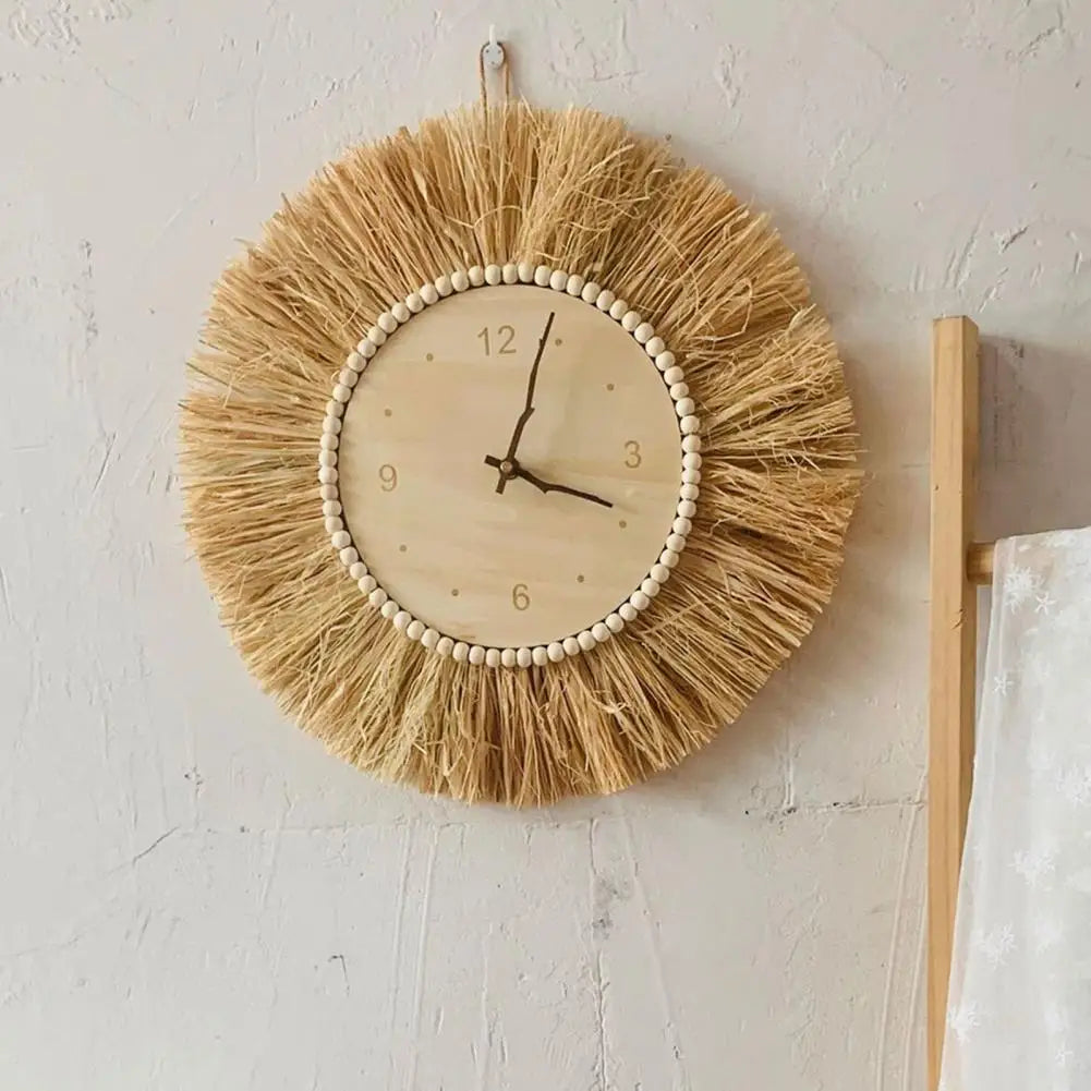 Nordic Straw Wall Clock Hand Woven Round Wall Art Decor Farmhouse Clock