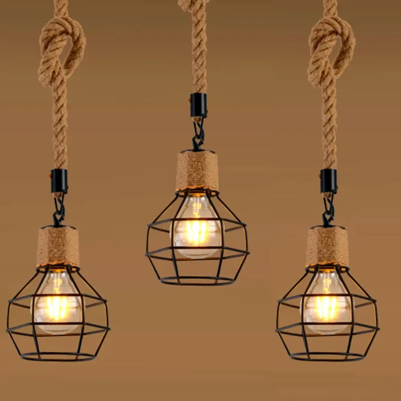Vintage Pendant Light Hemp Rope Iron Art Industrial Style Originality Chandelier
