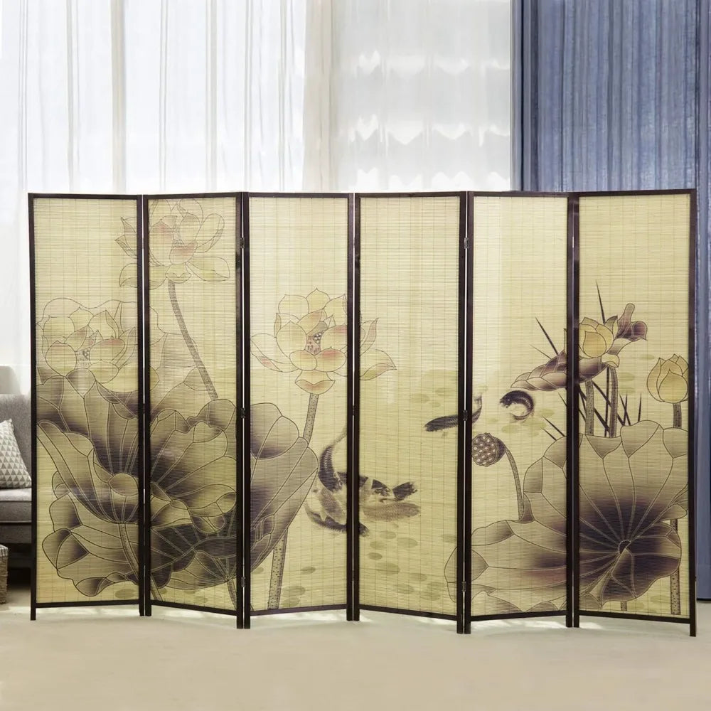 Bamboo 6-Panel Folding Screen with Chinese Calligraphy, 6FT Tall Room Divider