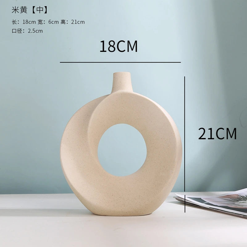Nordic Ceramic Vase Circular Hollow Donuts Flower Pot Home Living Room