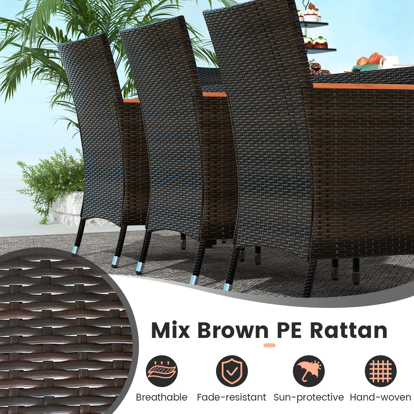 9PCS Patio Wicker Dining Set Acacia Wood Table Top Umbrella Hole Cushions Chairs