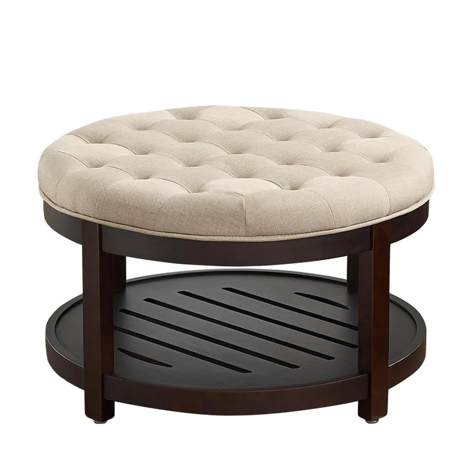 Large Round Ottoman Coffee Table with Storage, Upholstered Button Tufted