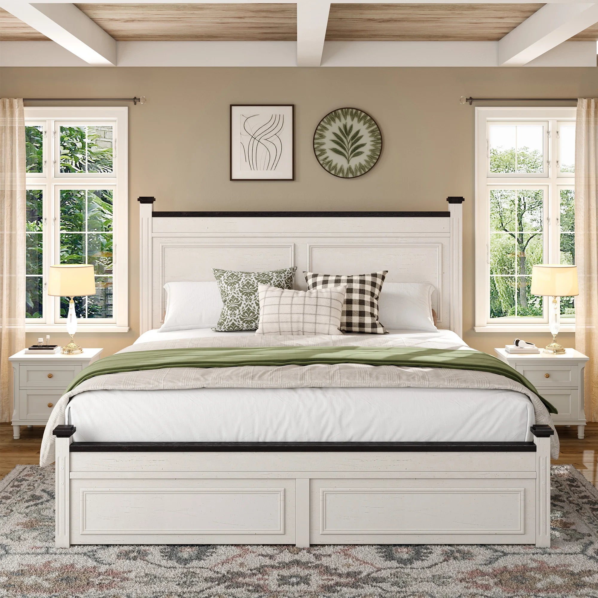 51.25" H Headboard Bed Frame with 2 with Storage Drawers Farmhouse Wood Platform Bed Frame, No Noise, No Box Spring Needed