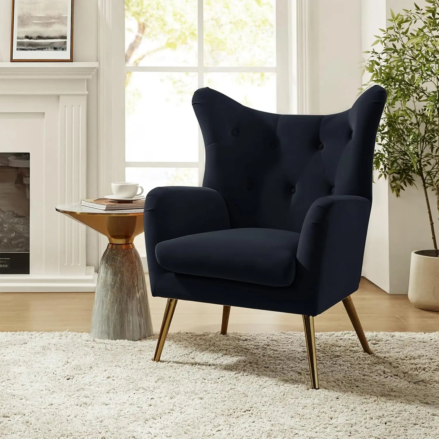 Velvet Accent Chair, Modern Wingback Arm Chair with Metal Gold Legs