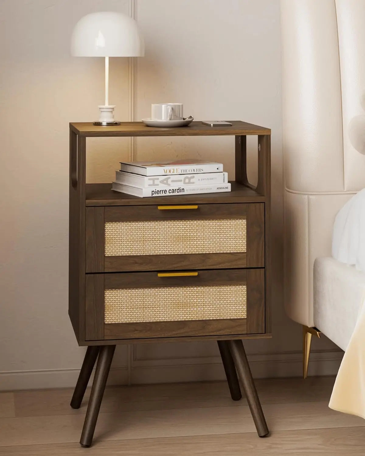 Farmhouse Nightstand with 2 Drawers and Open Shelf Bedroom Storage