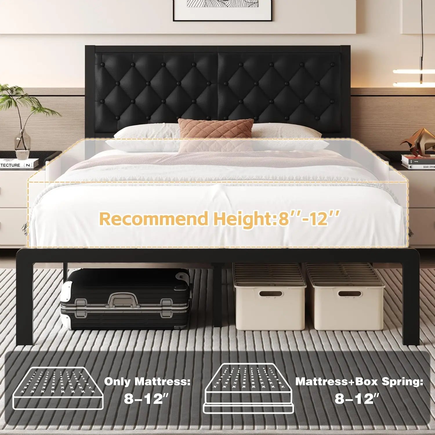 Bed Frame with Headboard PU Leather Upholstered Bed Frame Platform,All Metal Slats Support Platform Bed Frame, Customized