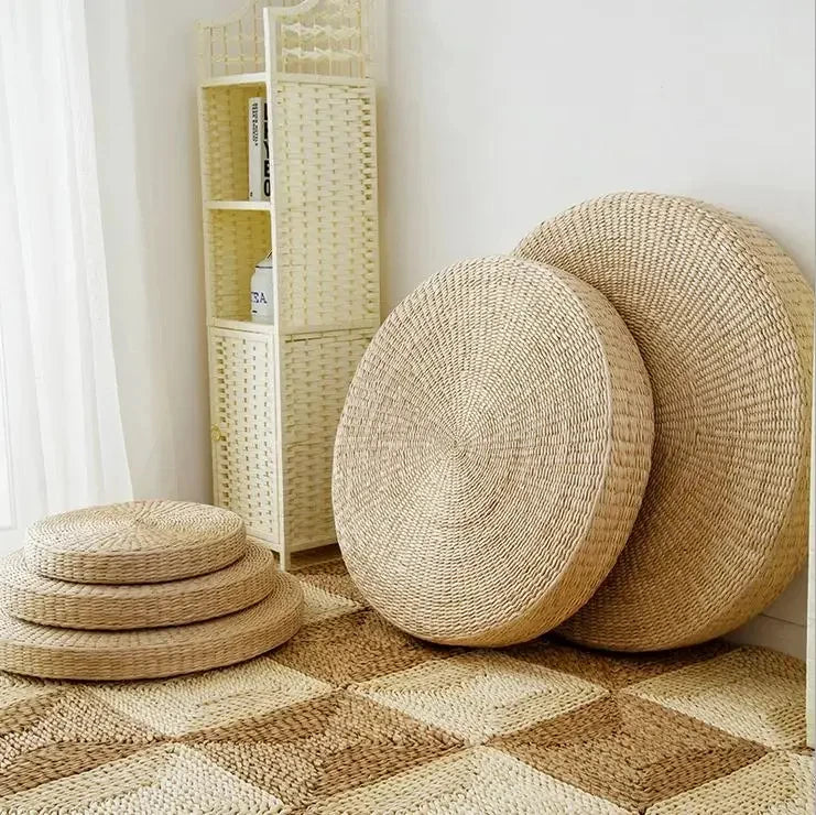 Handmade Woven Natural Straw Round Pouf Tatami Cushion Floor Cushion Home