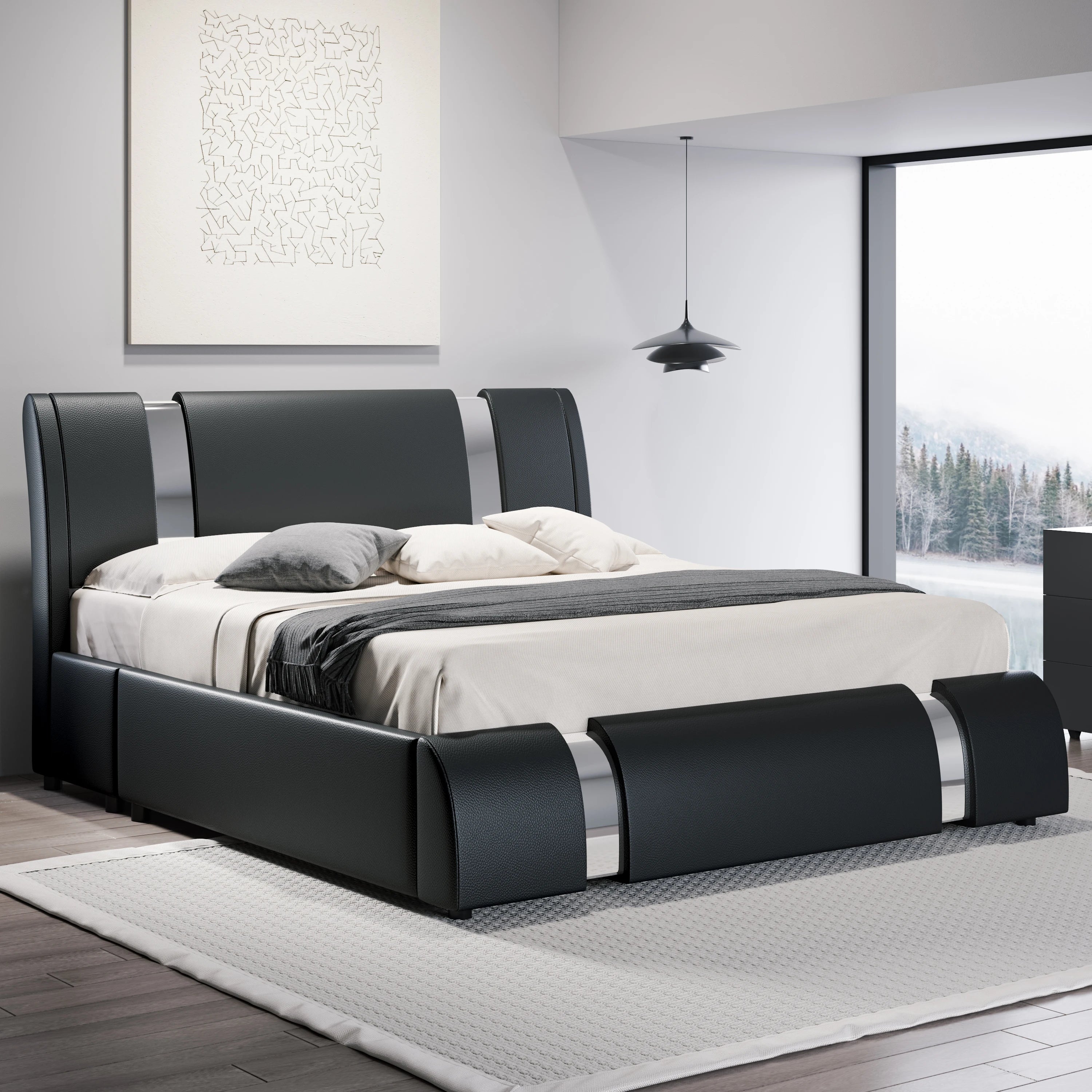 Luxury Leather Platform Bed with Curved Headboard — Queen & King