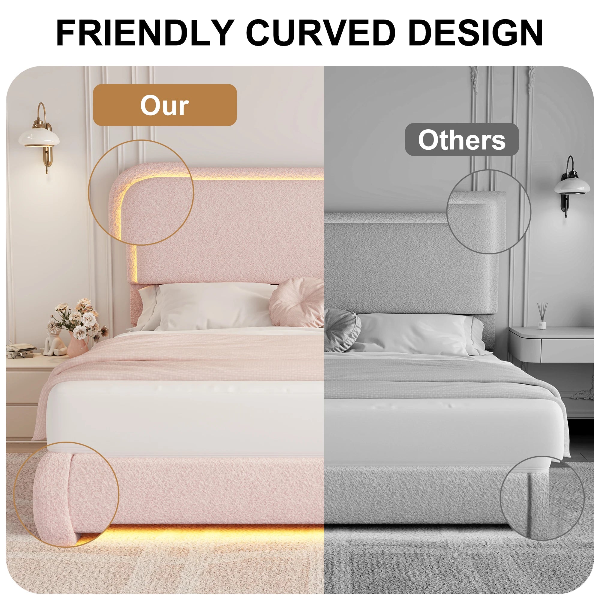 Full Size LED Bed Frame with Storage Drawers, Teddy Upholstery, Rounded