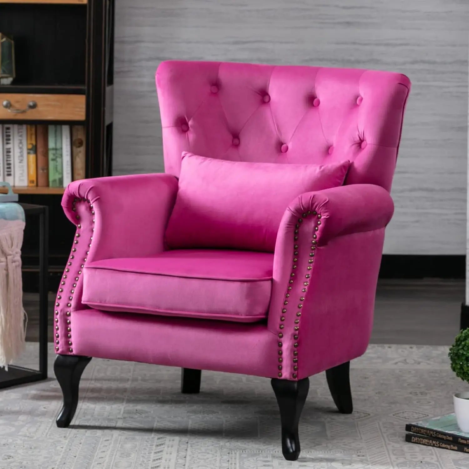 Mid Century Button Tufted Velvet Wingback Accent Club Chair With Pillow