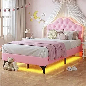 Twin Girl's Upholstered Platform Bed — LED Lights, Storage Drawer & Crystal Headboard