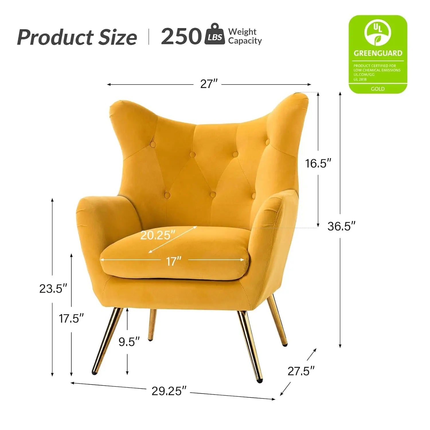 Velvet Accent Chair, Modern Wingback Arm Chair with Metal Gold Legs