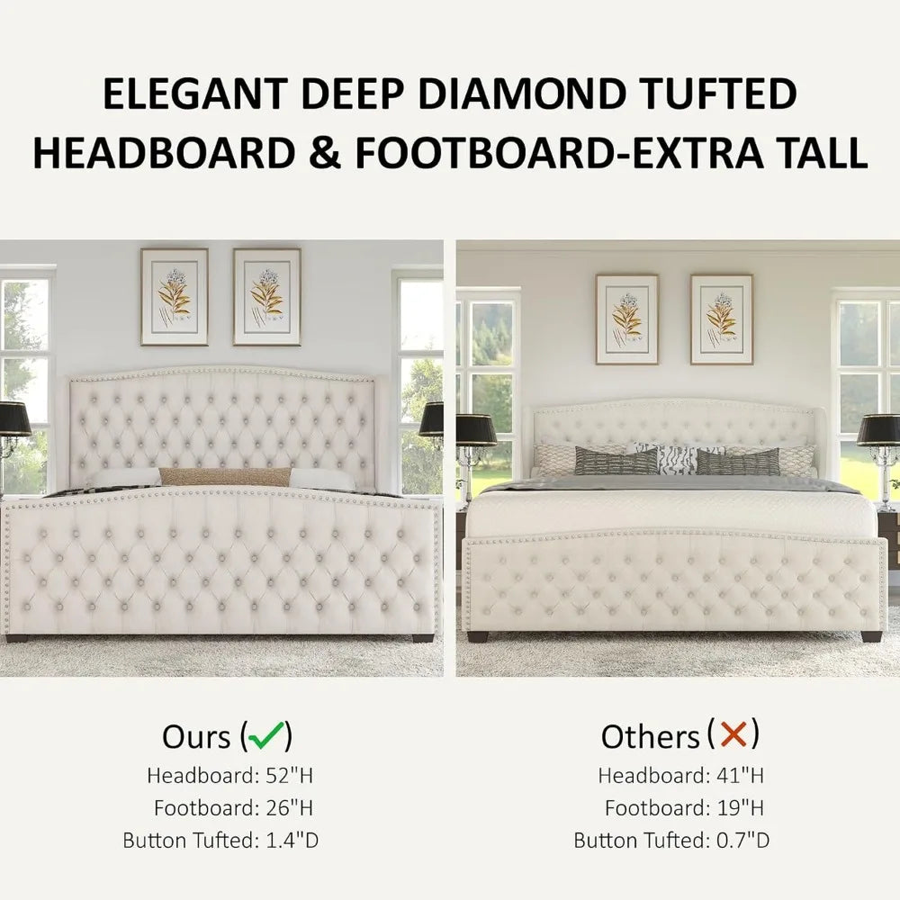 King Size Platform Bed Frame Velvet Upholstered Deep Button Tufted Box