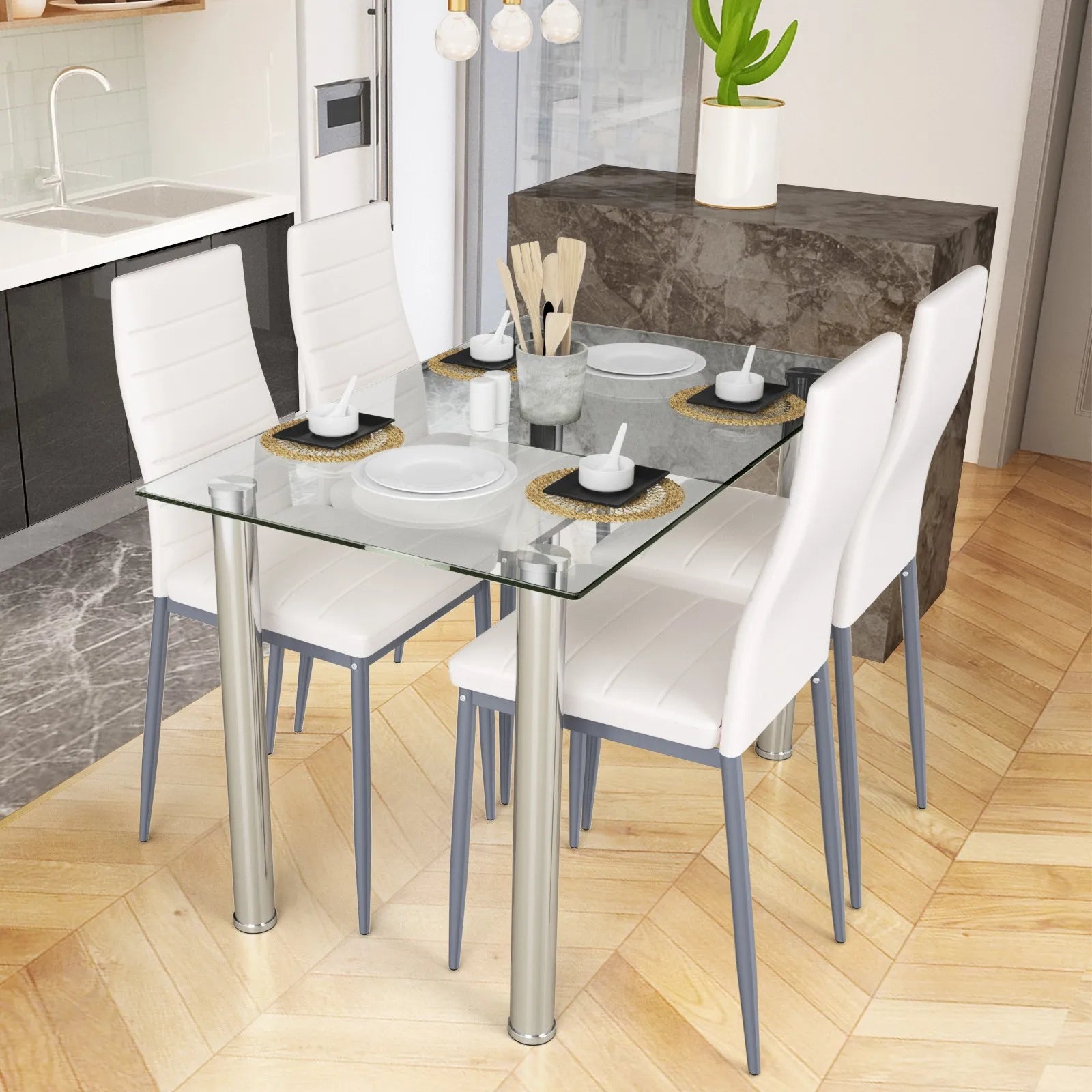 5 PCS Dining Table ＆ 4 Cushioned Chairs Set Tempered Glass Top Kitchen Breakfast