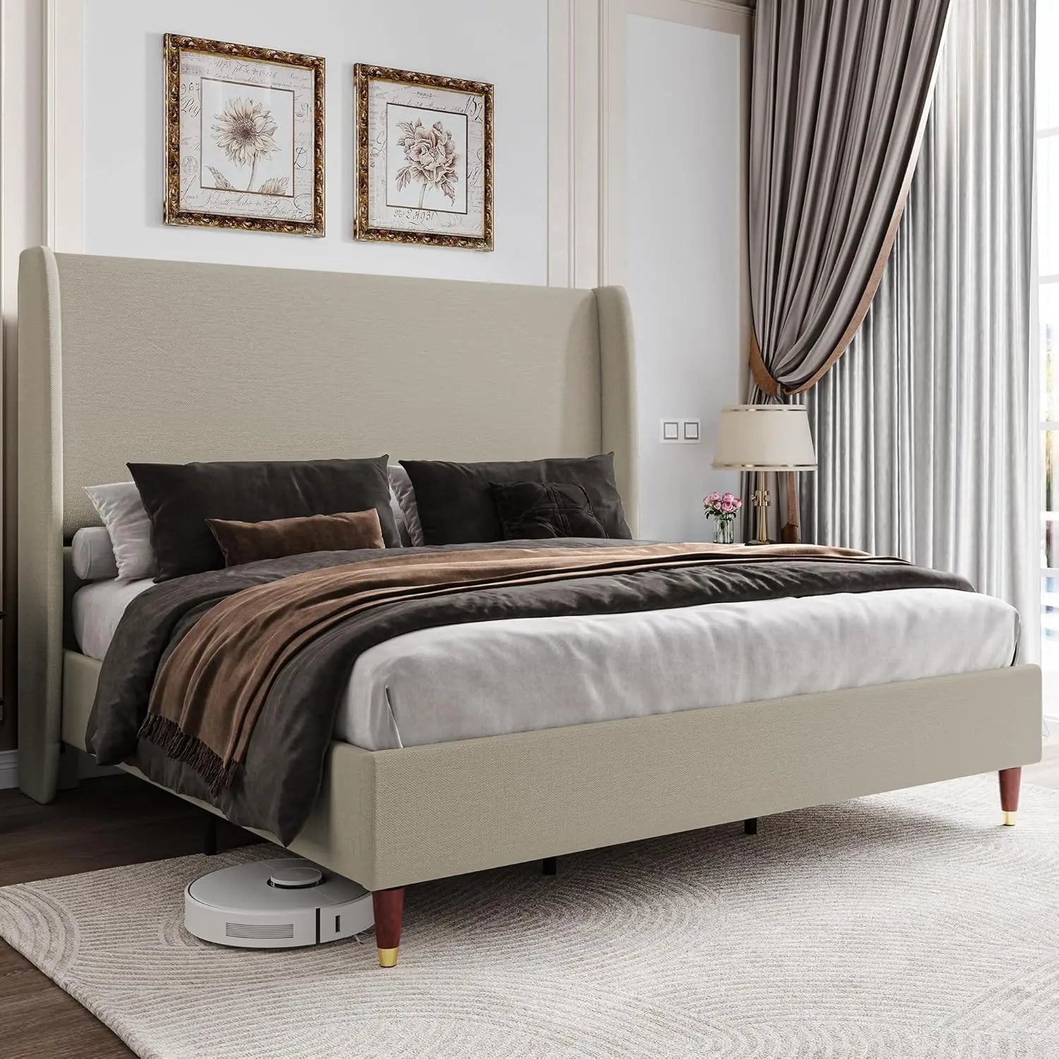 King Upholstered Wingback Platform Bed Frame — 51" Headboard, Solid Wood Legs