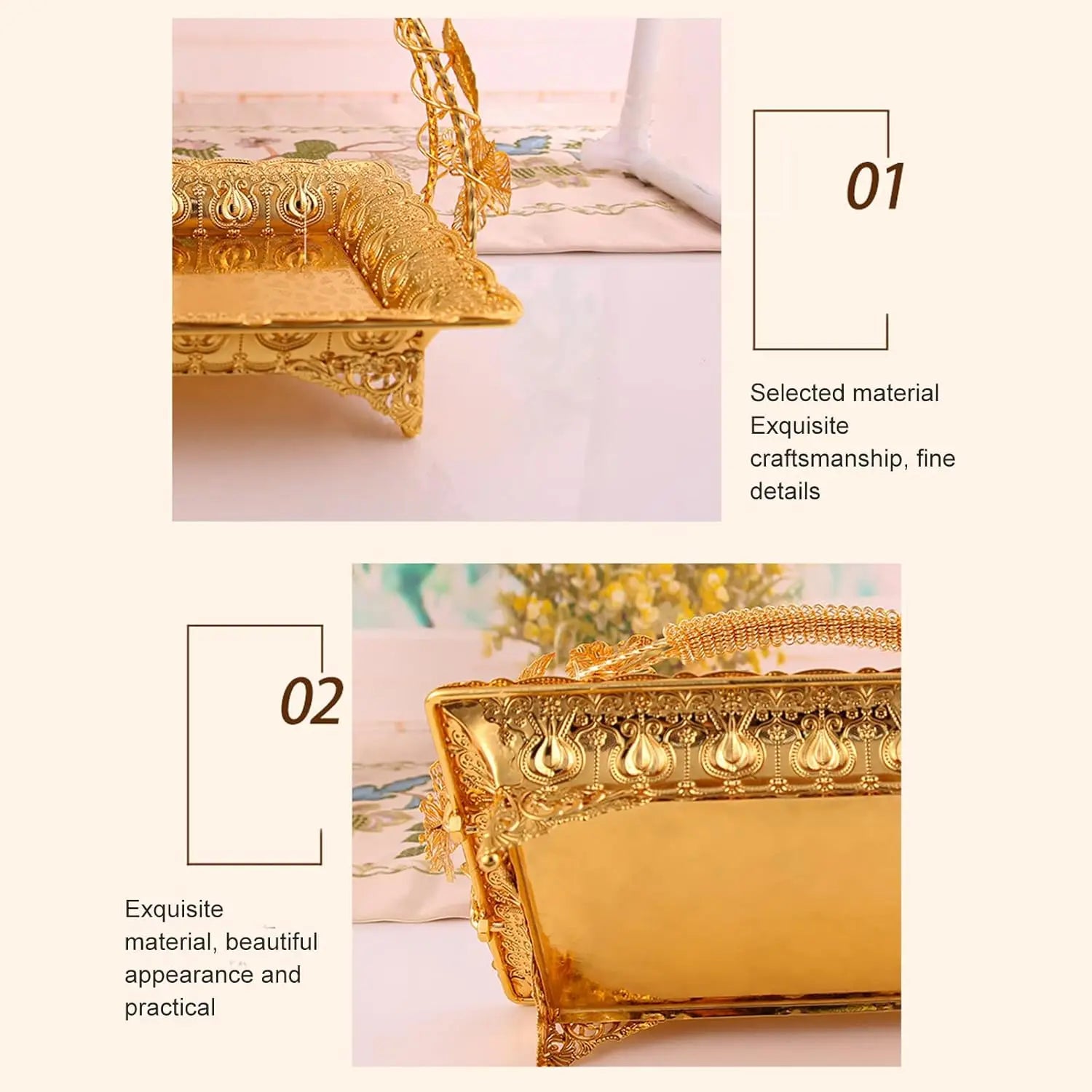 Vintage Gold Zinc Alloy Coffee Serving Tray Sturdy Durable Metal with Handles