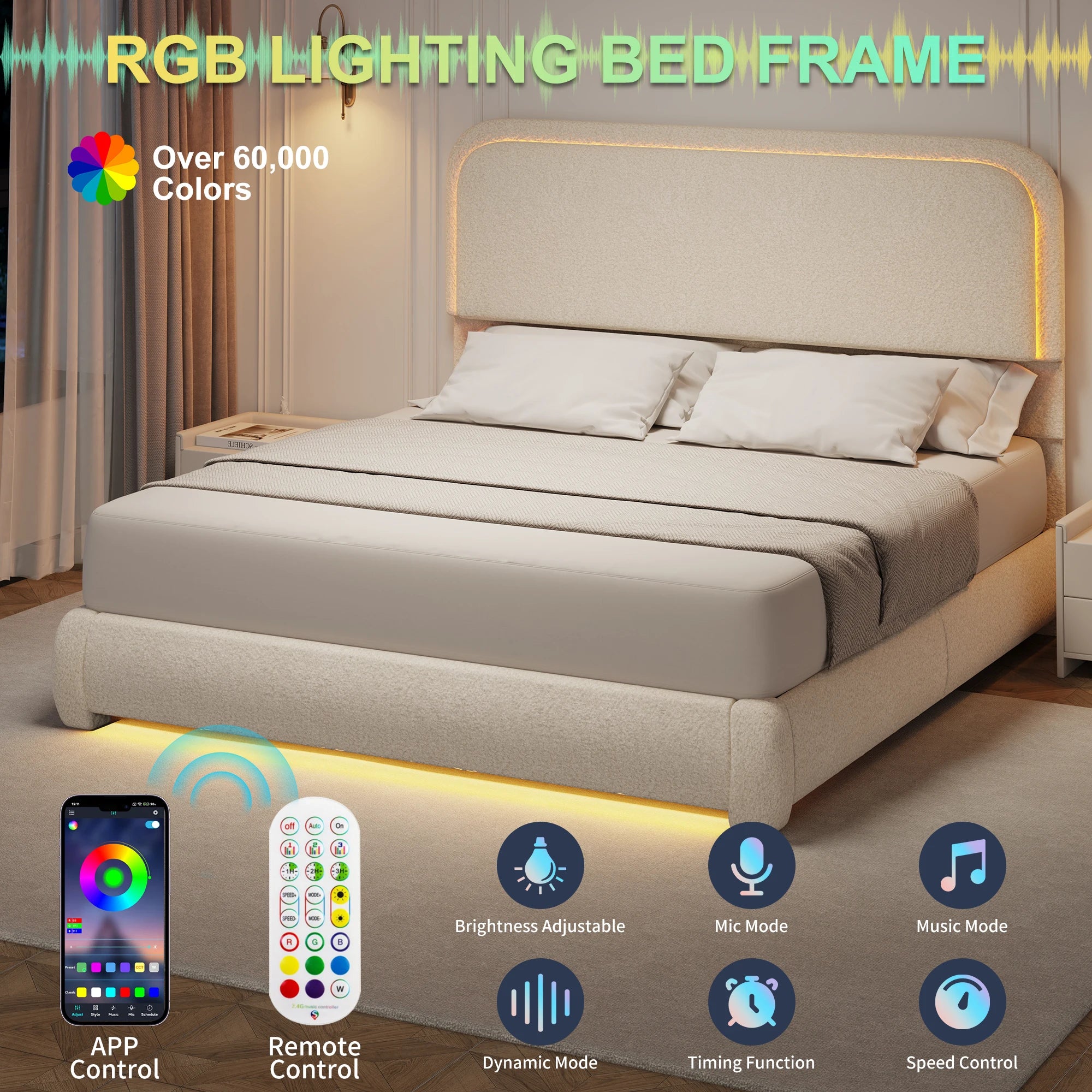Full Size LED Bed Frame with Storage Drawers, Teddy Upholstery, Rounded