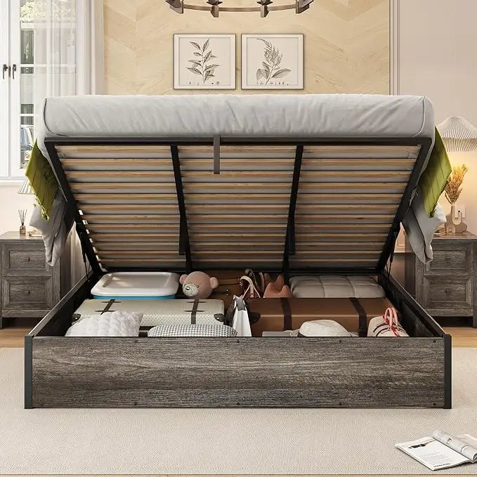 Queen Lift-Up Storage Bed — Wooden Platform with Under-Bed Storage